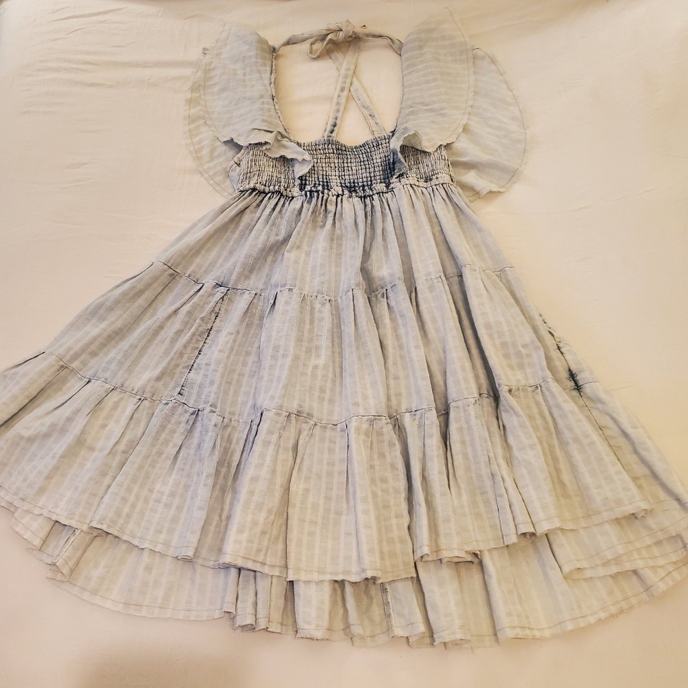 FREE PEOPLE Undone Acid Wash Blue Tiered Ruffled Open Back Smocked Mini Dress M - Picture 9 of 15